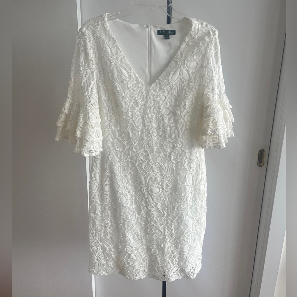 LAUREN RALPH LAUREN 3/4 SLEEVE LACE WHITE COCKTAIL DRESS $250 Sz 12 / 14